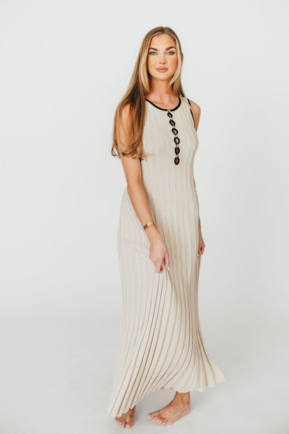 Brianne Button Down Ribbed Knit Maxi Dress in Taupe/Black
