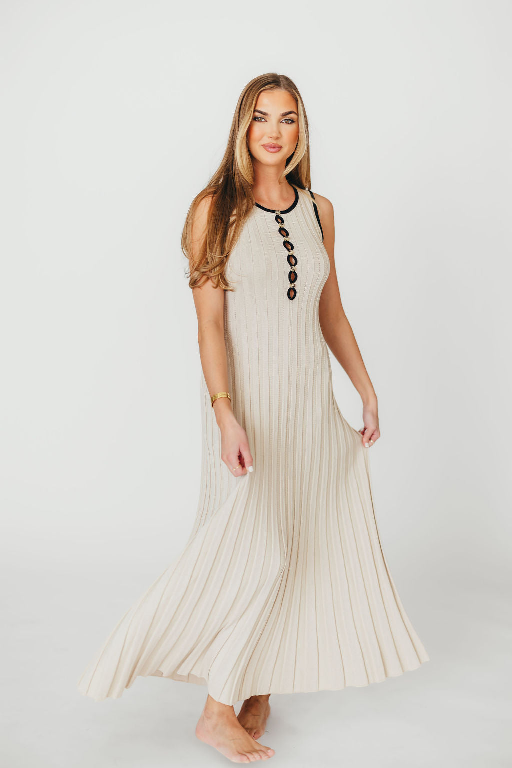 Brianne Button Down Ribbed Knit Maxi Dress in Taupe/Black