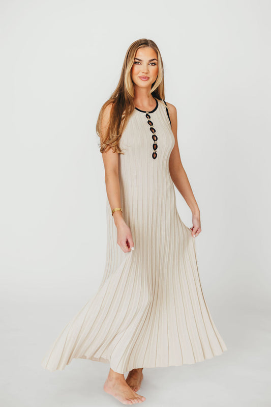Brianne Button Down Ribbed Knit Maxi Dress in Taupe/Black