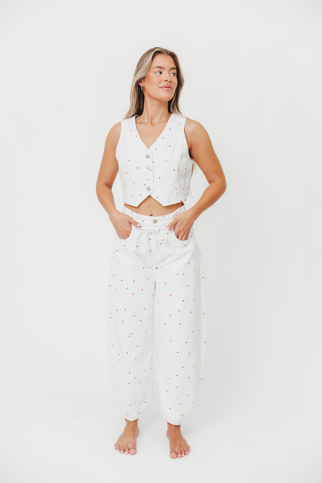 Parton Mini Bow Print Waist Tie Detail Washed Barrel Jeans in Off White