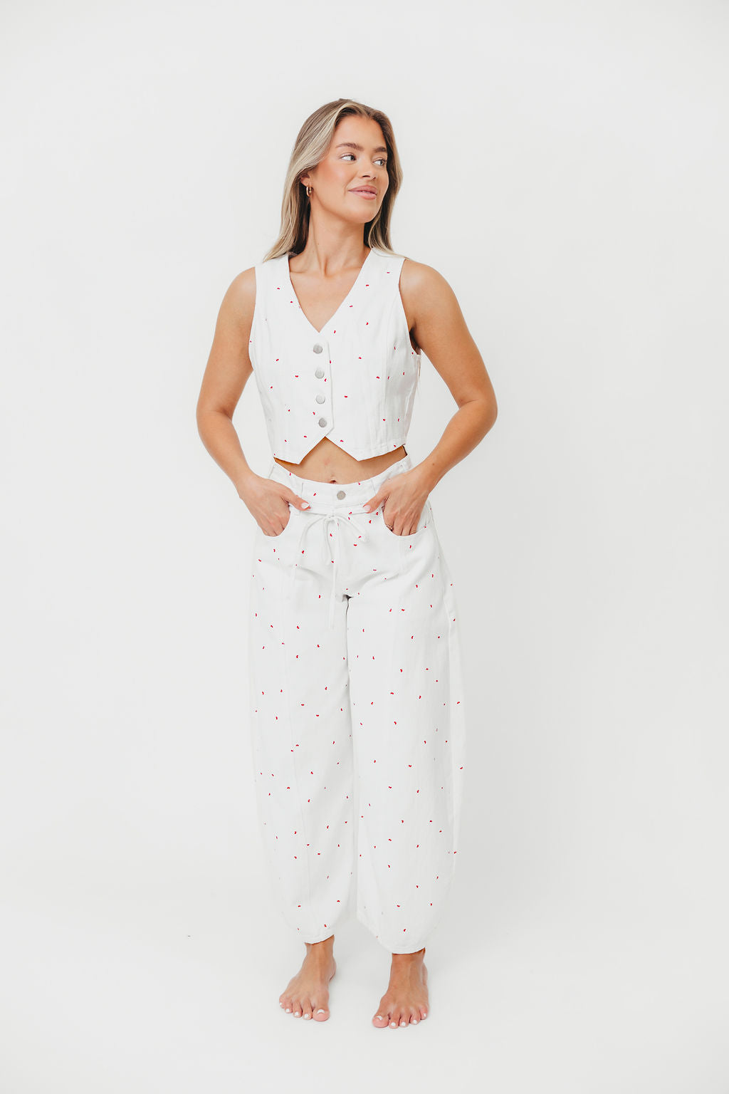 Dolly 100% Cotton Mini Bow Print Twill Vest in Off-White