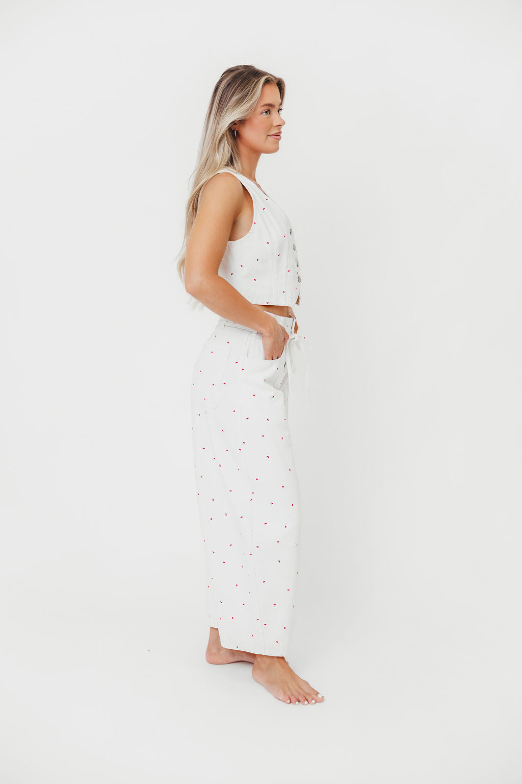 Dolly 100% Cotton Mini Bow Print Twill Vest in Off-White