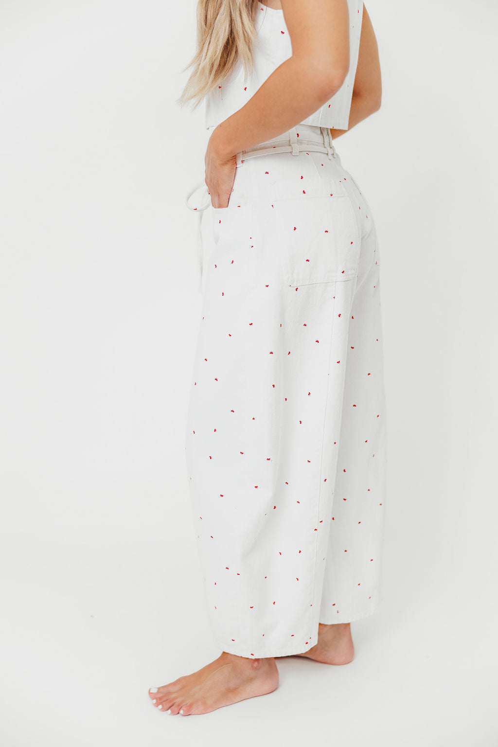 Parton Mini Bow Print Waist Tie Detail Washed Barrel Jeans in Off White