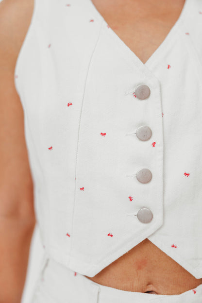 Dolly 100% Cotton Mini Bow Print Twill Vest in Off-White