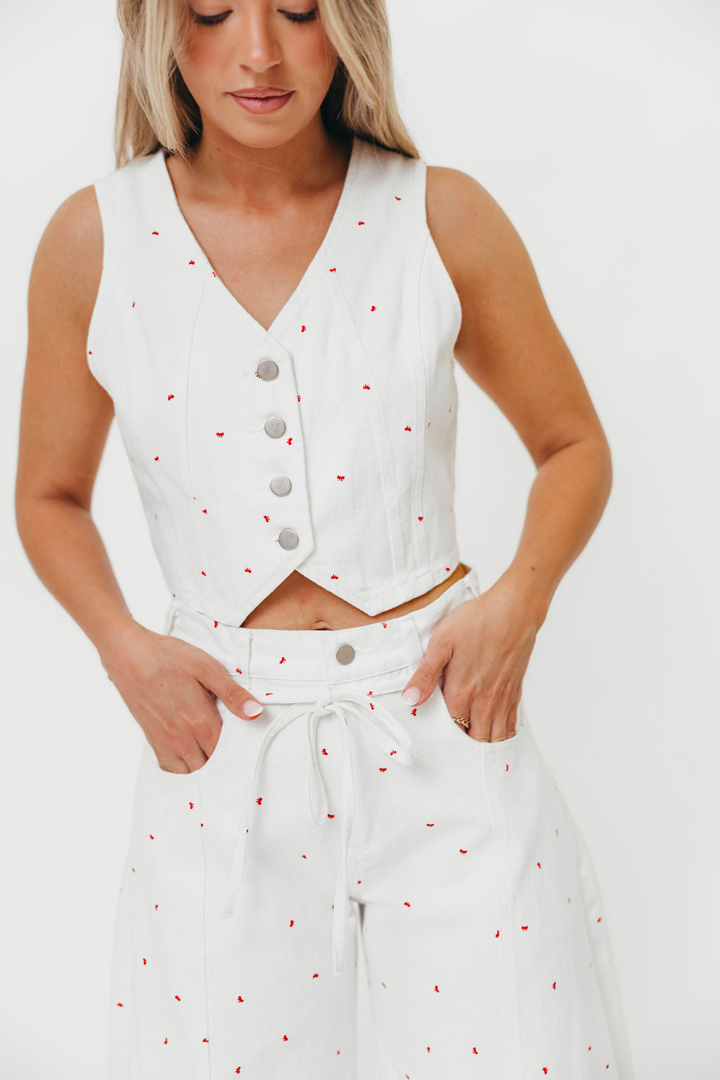 Dolly 100% Cotton Mini Bow Print Twill Vest in Off-White