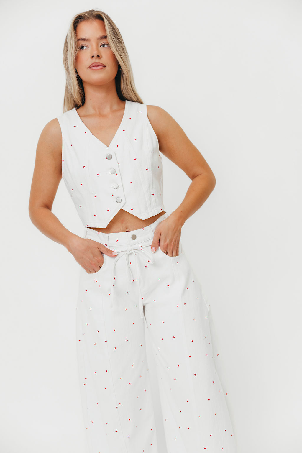 Dolly 100% Cotton Mini Bow Print Twill Vest in Off-White