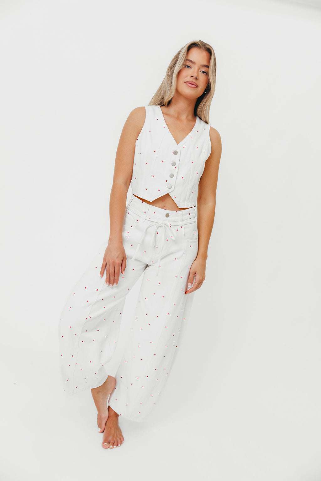 Parton Mini Bow Print Waist Tie Detail Washed Barrel Jeans in Off White