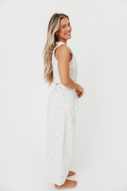 Parton Mini Bow Print Waist Tie Detail Washed Barrel Jeans in Off White