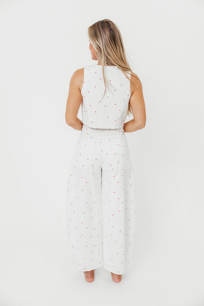 Parton Mini Bow Print Waist Tie Detail Washed Barrel Jeans in Off White