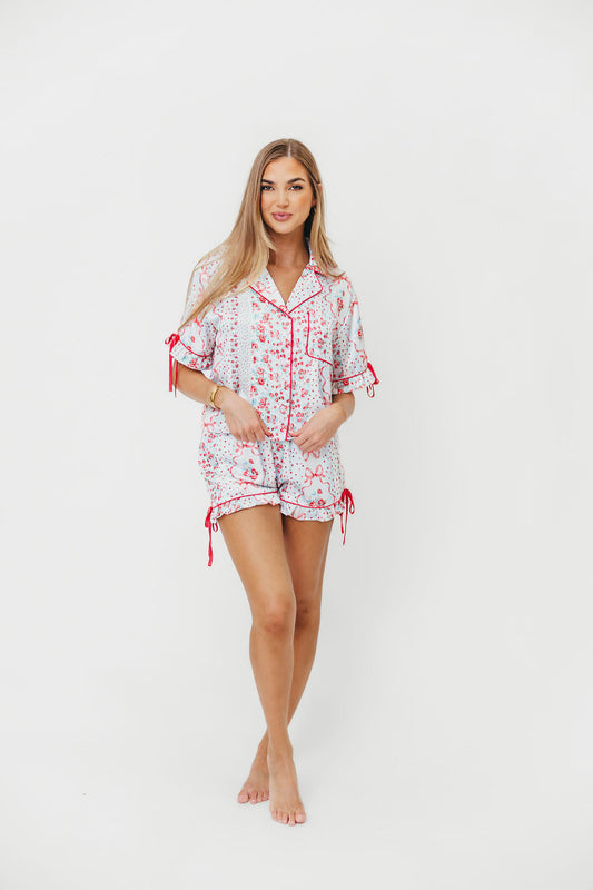 Rosalinda Floral Satin Ruffle Sleeve with Tie Detail Pj Set in Light Blue/Multi