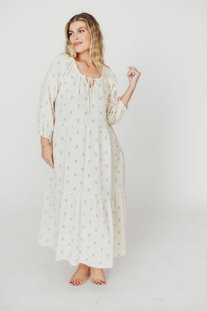 Avery Tiered Linen-Blend Midi Dress in Soy/Sage Foliage - Bump Friendly and Inclusive Sizing
