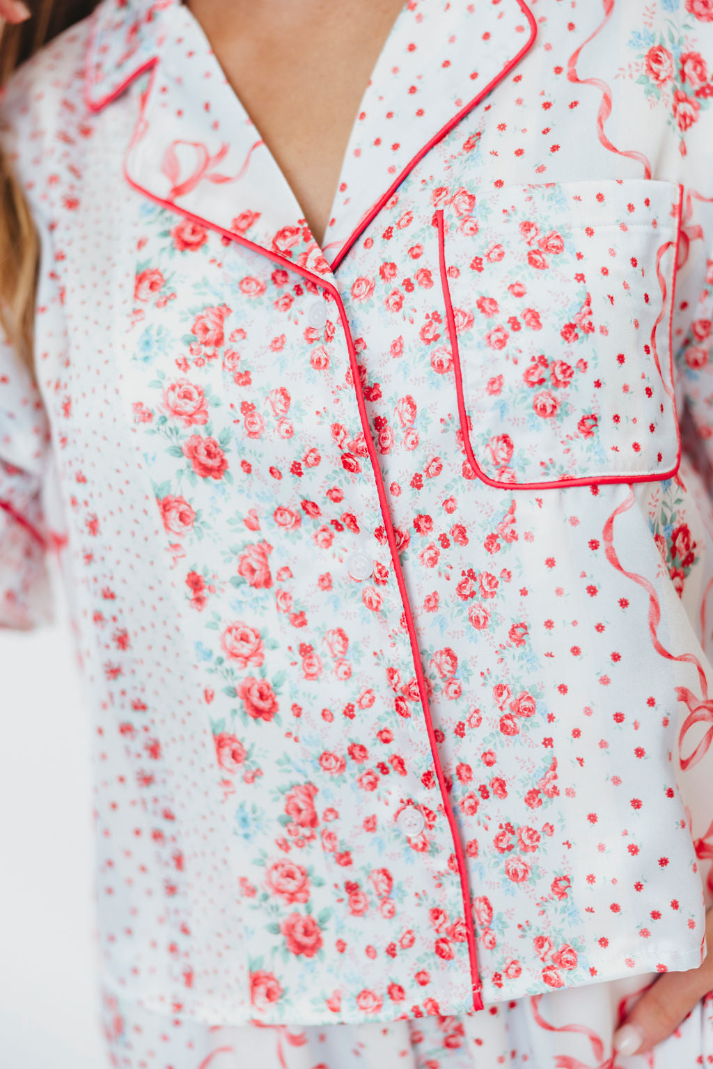 Rosalinda Floral Satin Ruffle Sleeve with Tie Detail Pj Set in Light Blue/Multi