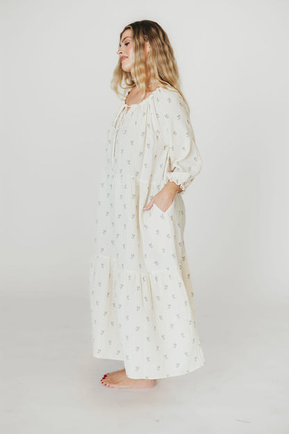 Avery Tiered Linen-Blend Midi Dress in Soy/Sage Foliage - Bump Friendly and Inclusive Sizing