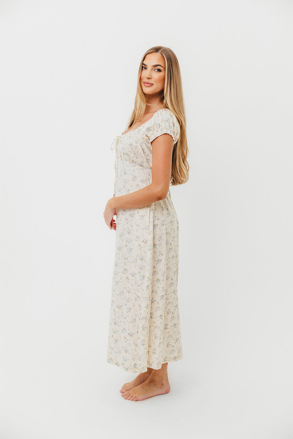 Marley 100% Cotton Midi Dress in Ivory/Blue Floral -Bump Friendly