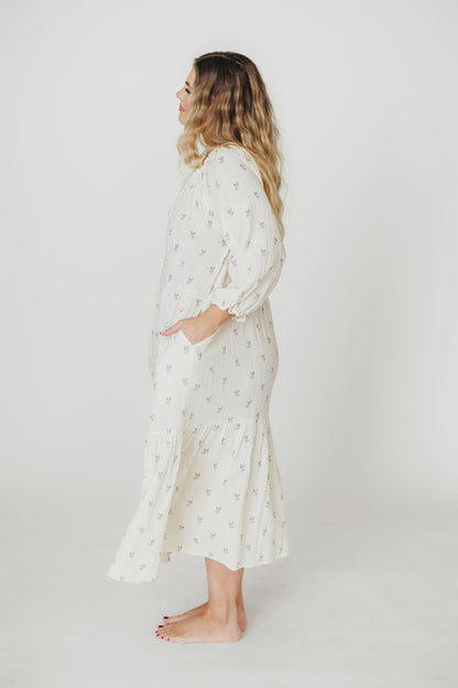 Avery Tiered Linen-Blend Midi Dress in Soy/Sage Foliage - Bump Friendly and Inclusive Sizing