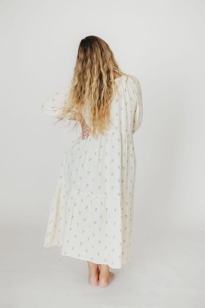 Avery Tiered Linen-Blend Midi Dress in Soy/Sage Foliage - Bump Friendly and Inclusive Sizing
