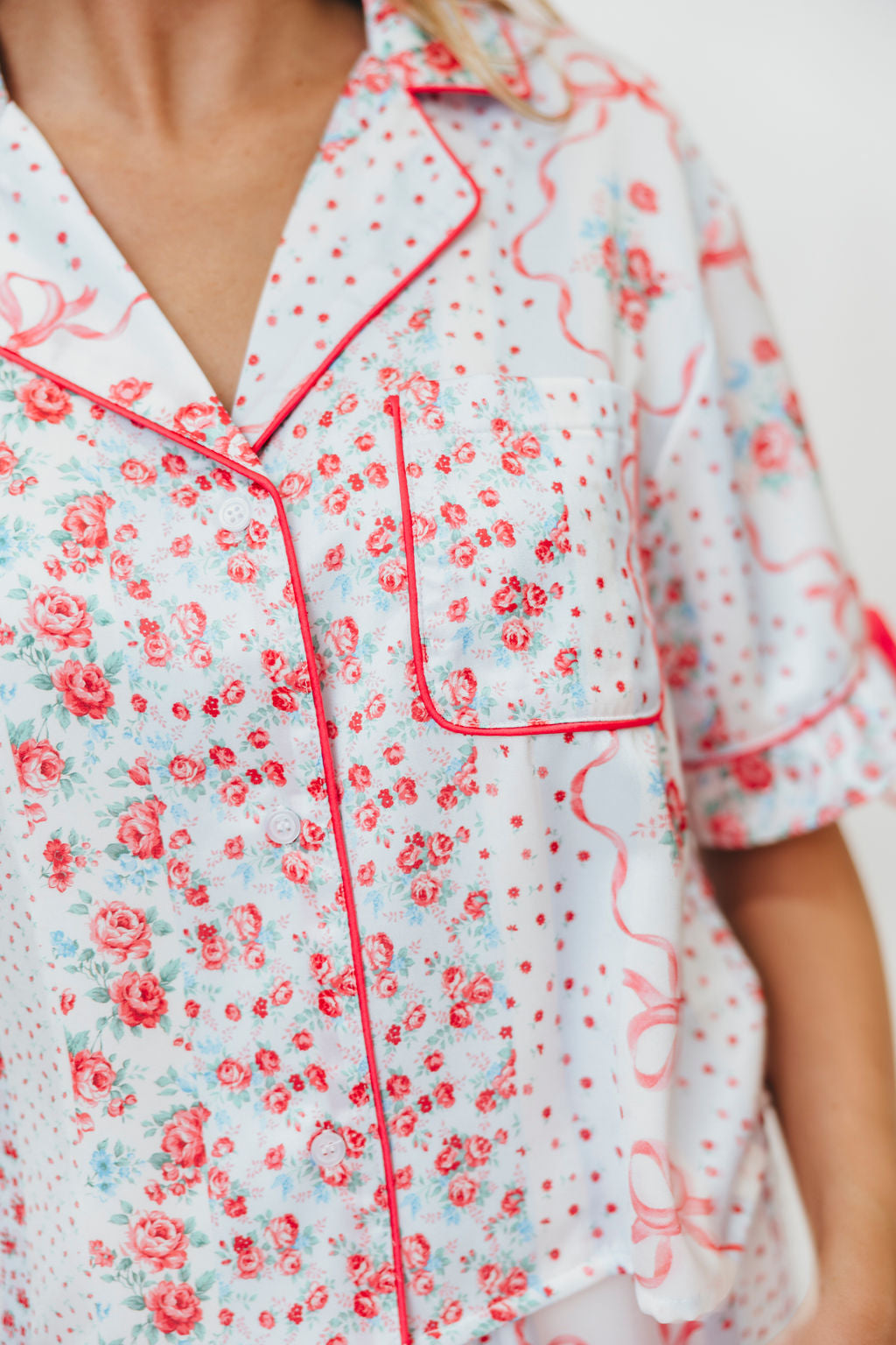 Rosalinda Floral Satin Ruffle Sleeve with Tie Detail Pj Set in Light Blue/Multi