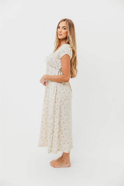 Marley 100% Cotton Midi Dress in Ivory/Blue Floral -Bump Friendly