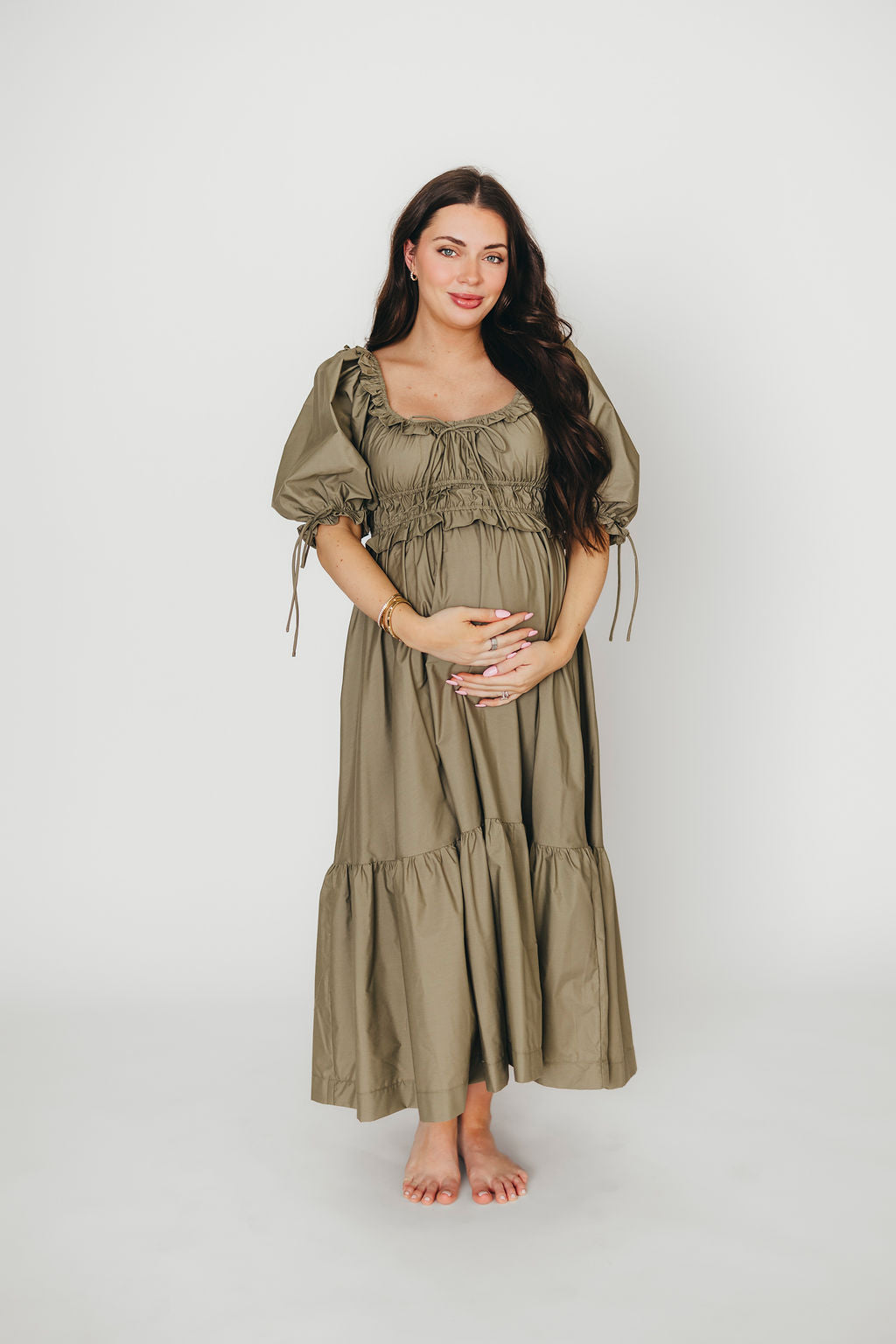 Crissy Ruched Midi Dress in Dusty Olive - Bump Friendly