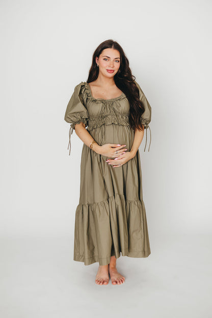 Crissy Ruched Midi Dress in Dusty Olive - Bump Friendly
