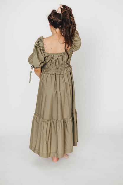 Crissy Ruched Midi Dress in Dusty Olive - Bump Friendly