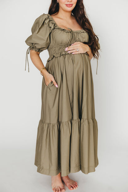 Crissy Ruched Midi Dress in Dusty Olive - Bump Friendly