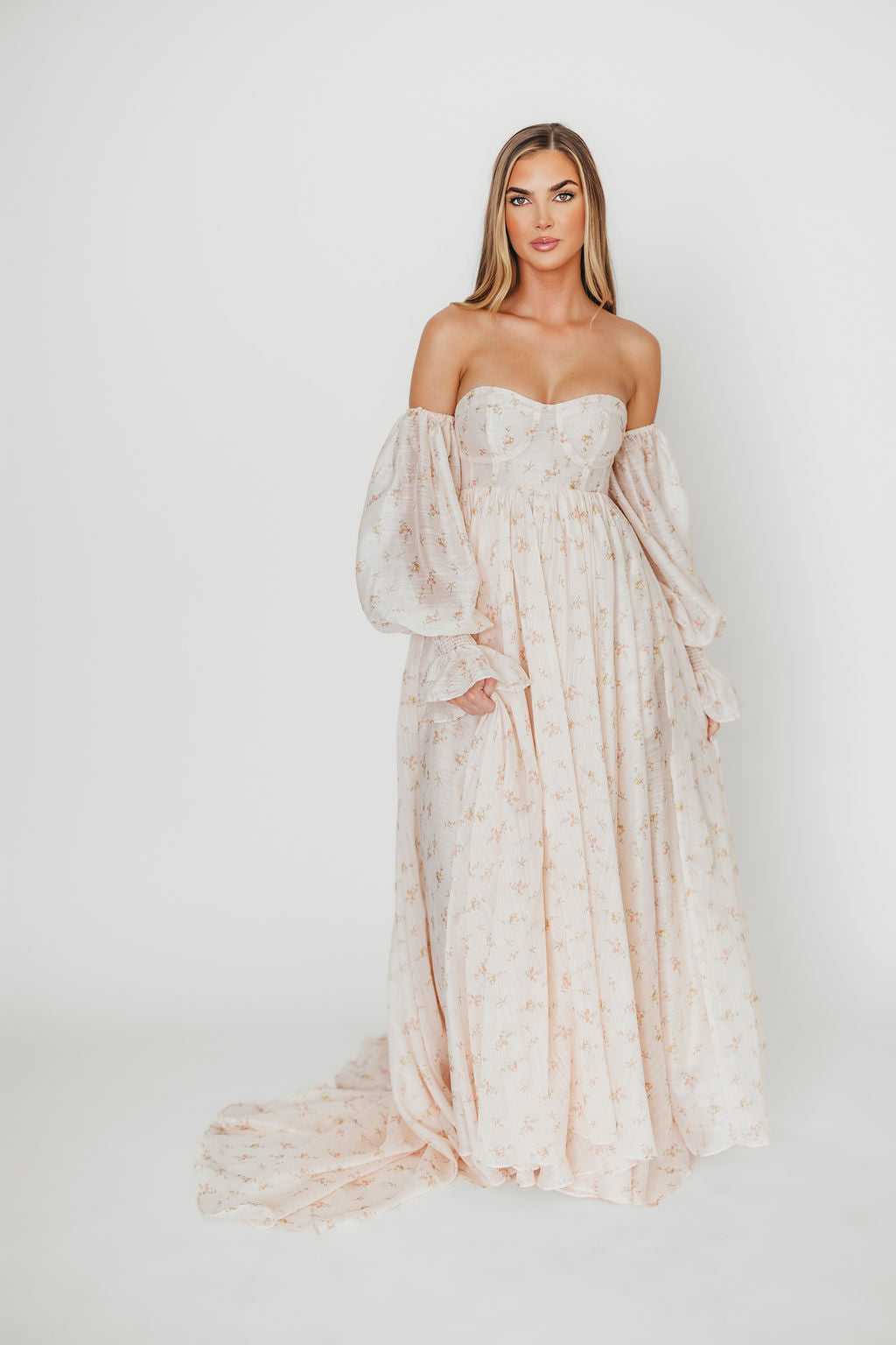 Delilah Maxi Dress with Train in Peach - Bump Friendly (XS-3XL)