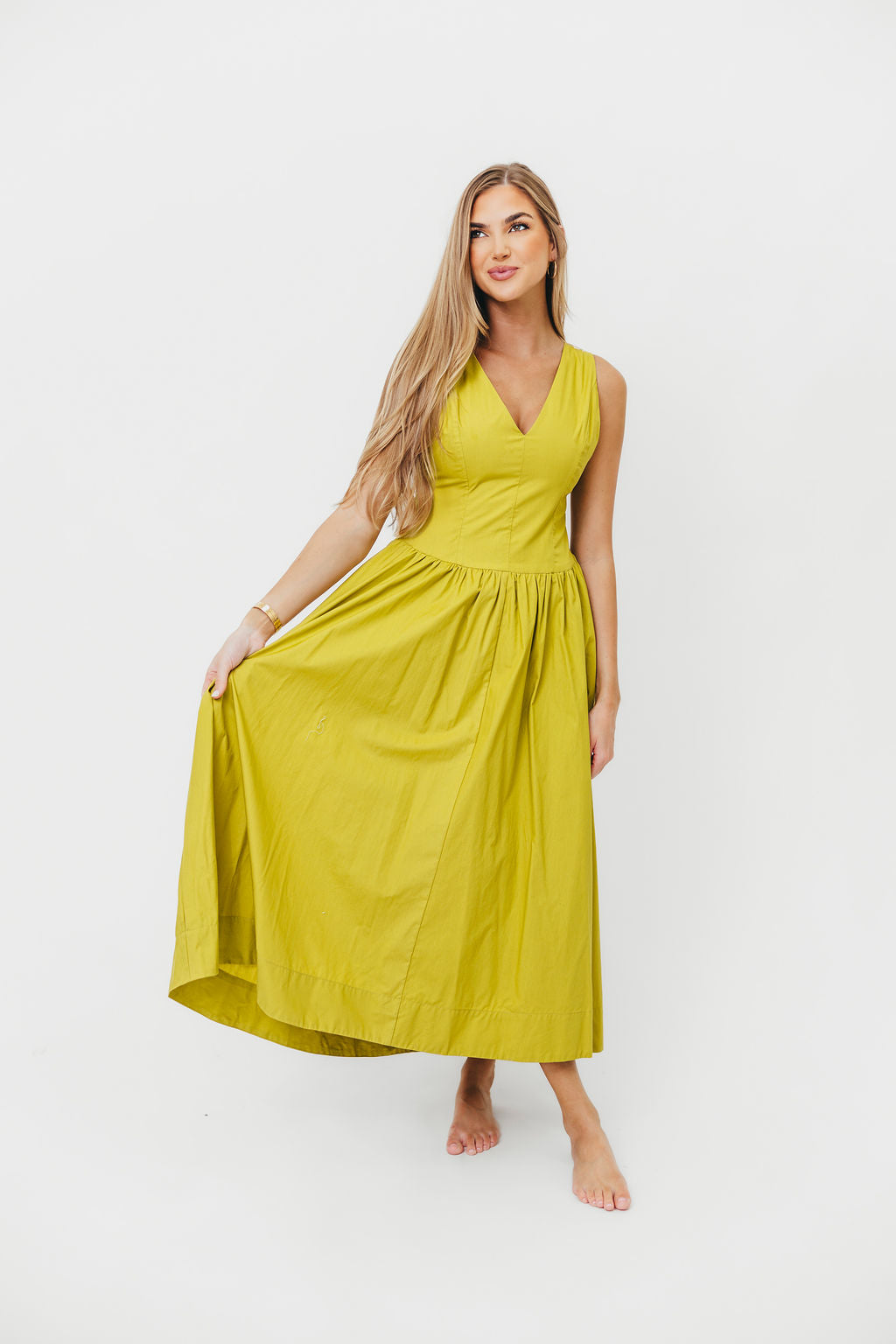 Cece 100% Cotton Bow Detail Woven Maxi Dress in Lemon Grass