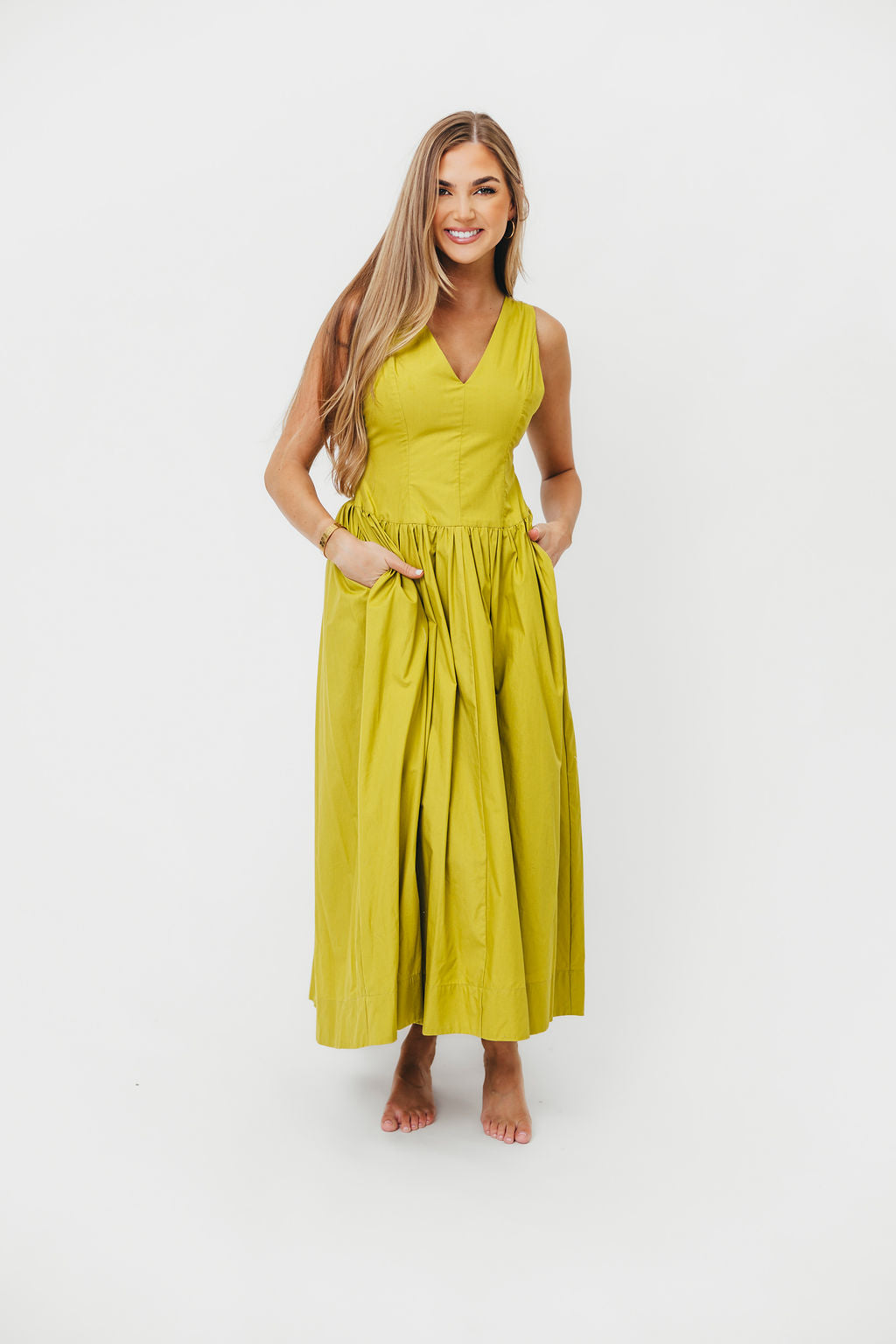 Cece 100% Cotton Bow Detail Woven Maxi Dress in Lemon Grass