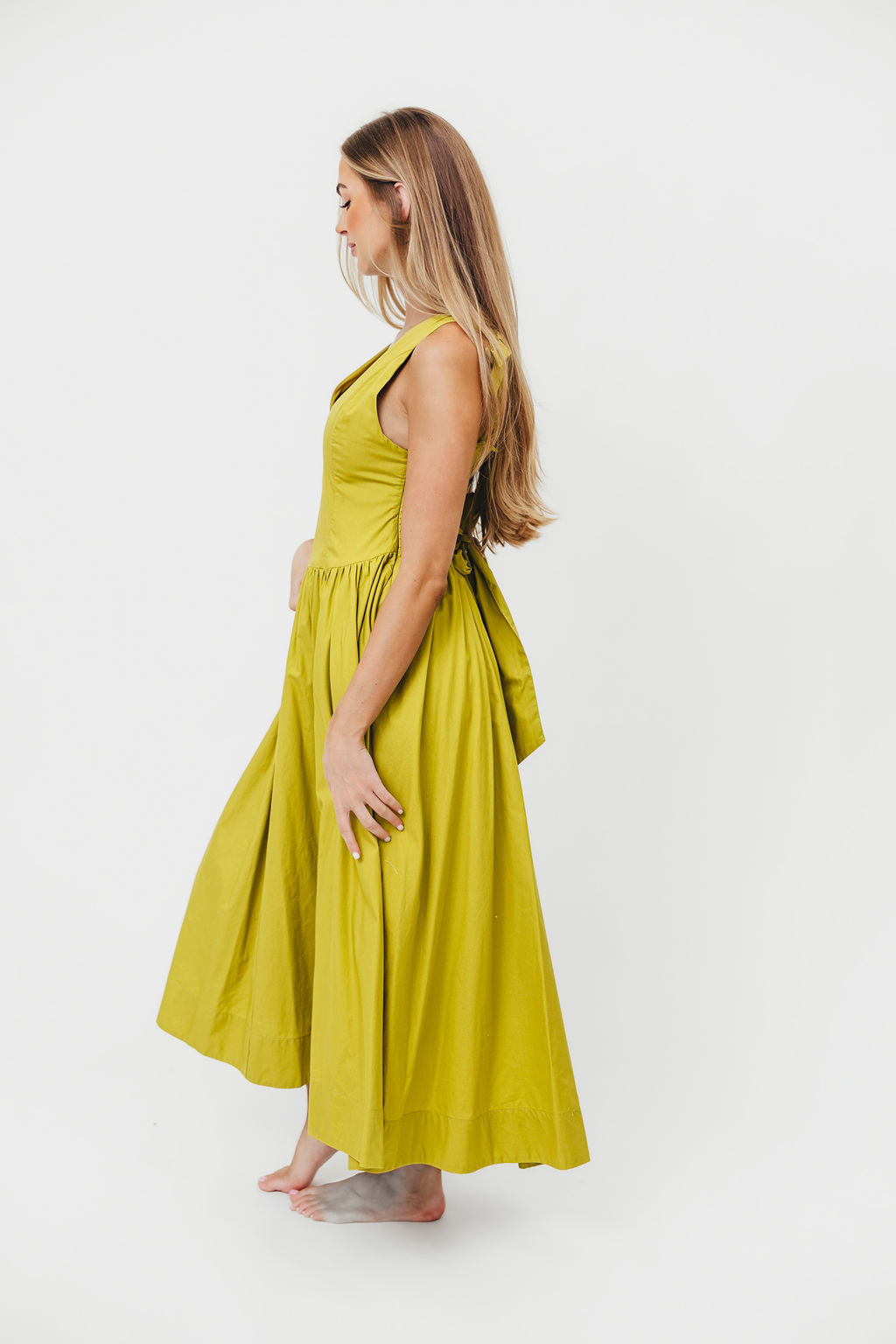 Cece 100% Cotton Bow Detail Woven Maxi Dress in Lemon Grass