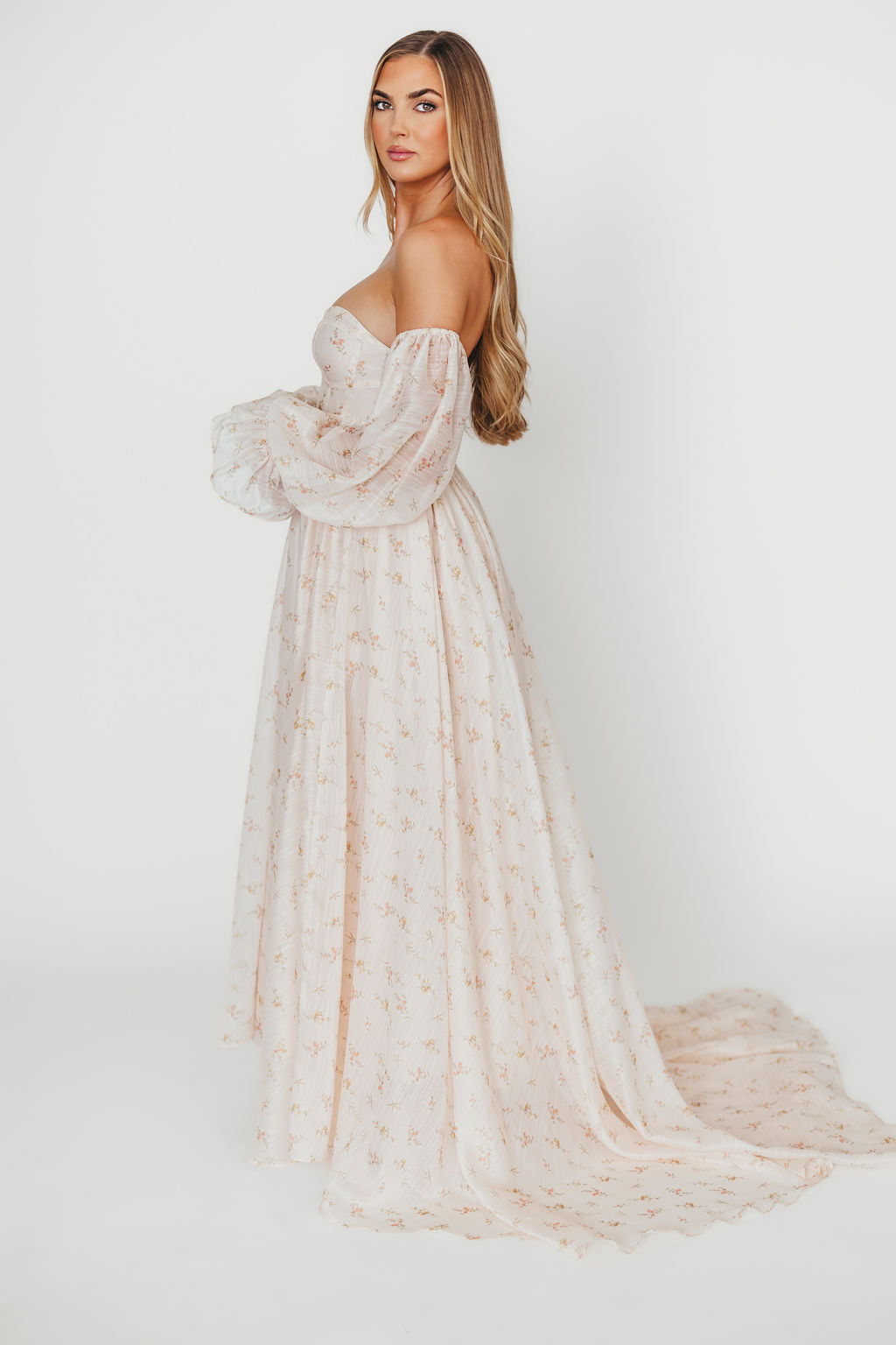 Delilah Maxi Dress with Train in Peach - Bump Friendly (XS-3XL)