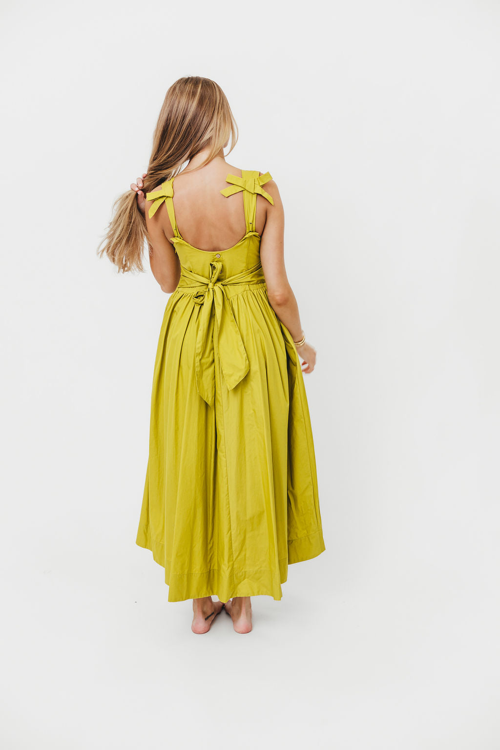 Cece 100% Cotton Bow Detail Woven Maxi Dress in Lemon Grass