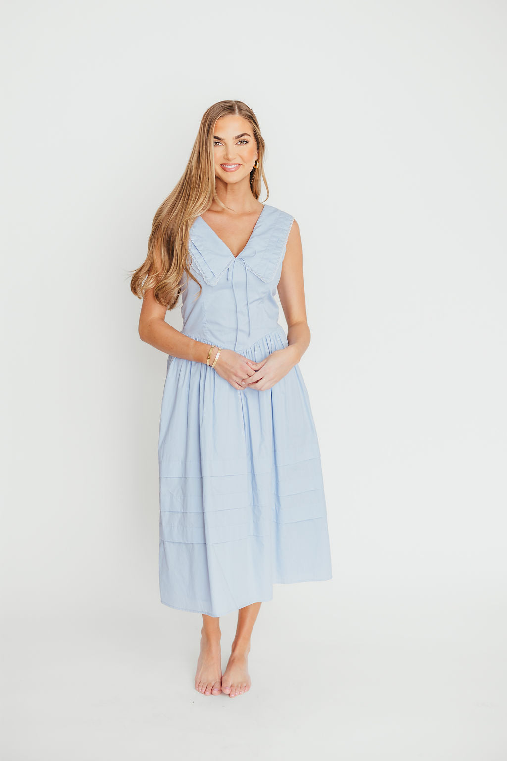 Sailor 100% Cotton Collared Midi Dress in Blue