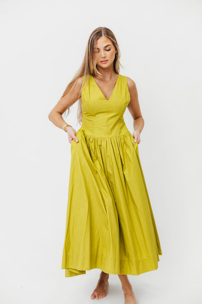 Cece 100% Cotton Bow Detail Woven Maxi Dress in Lemon Grass