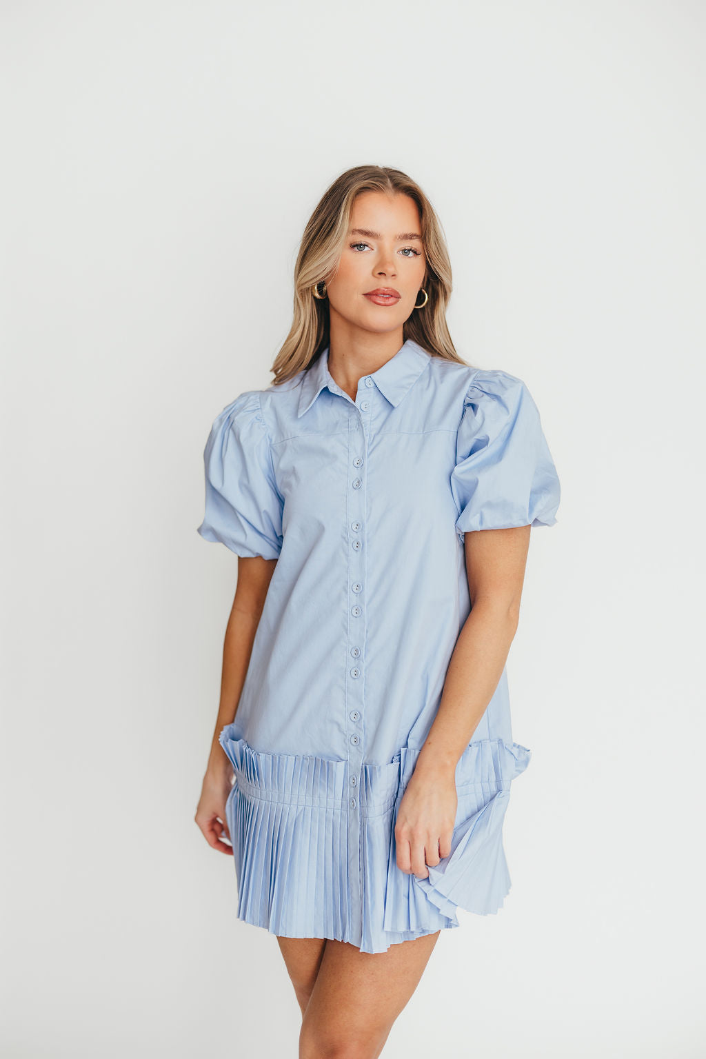 Alicia Pleated Hem Mini Dress in Powder Blue