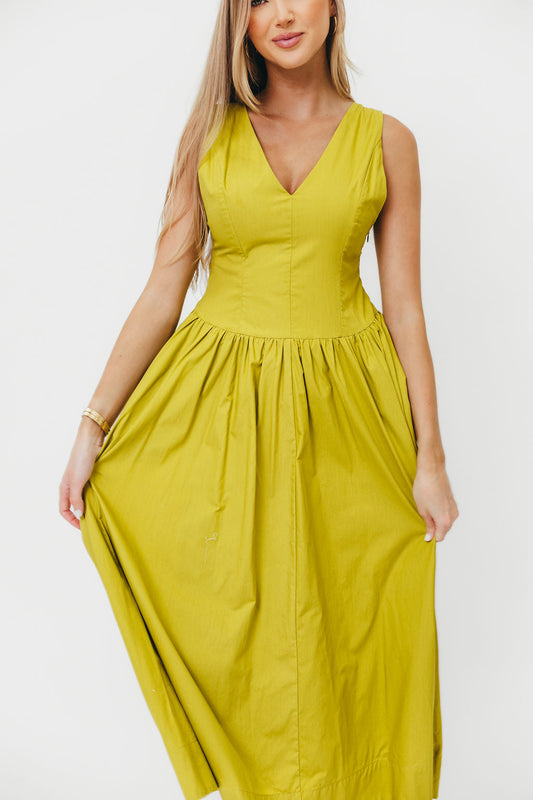 Cece 100% Cotton Bow Detail Woven Maxi Dress in Lemon Grass