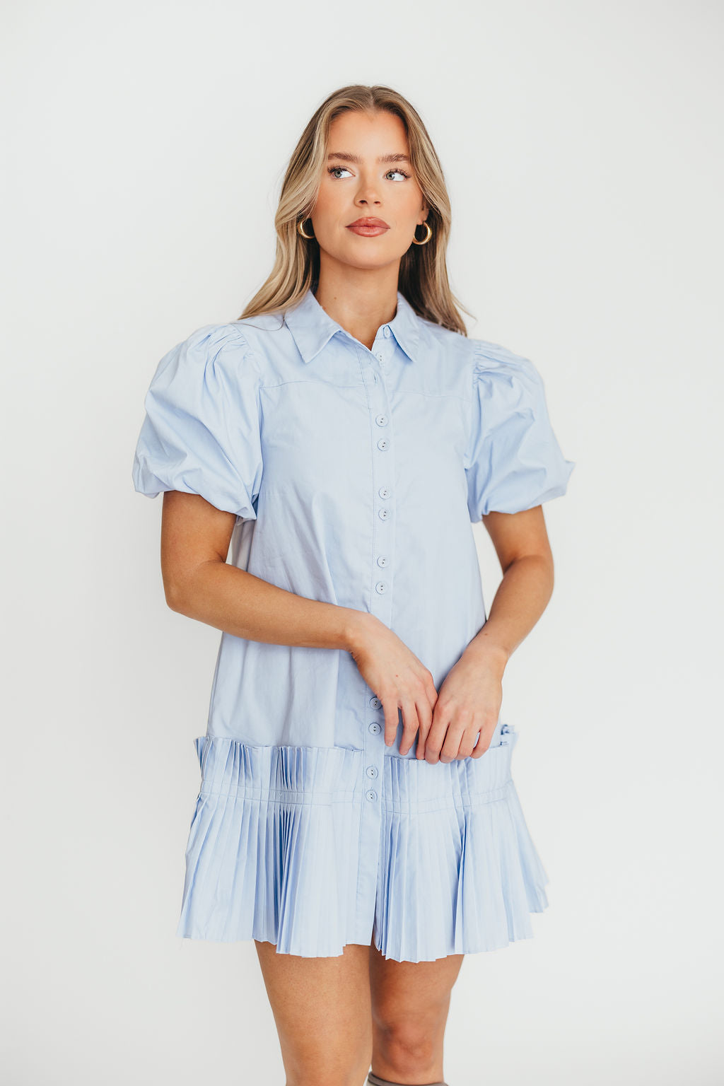 Alicia Pleated Hem Mini Dress in Powder Blue