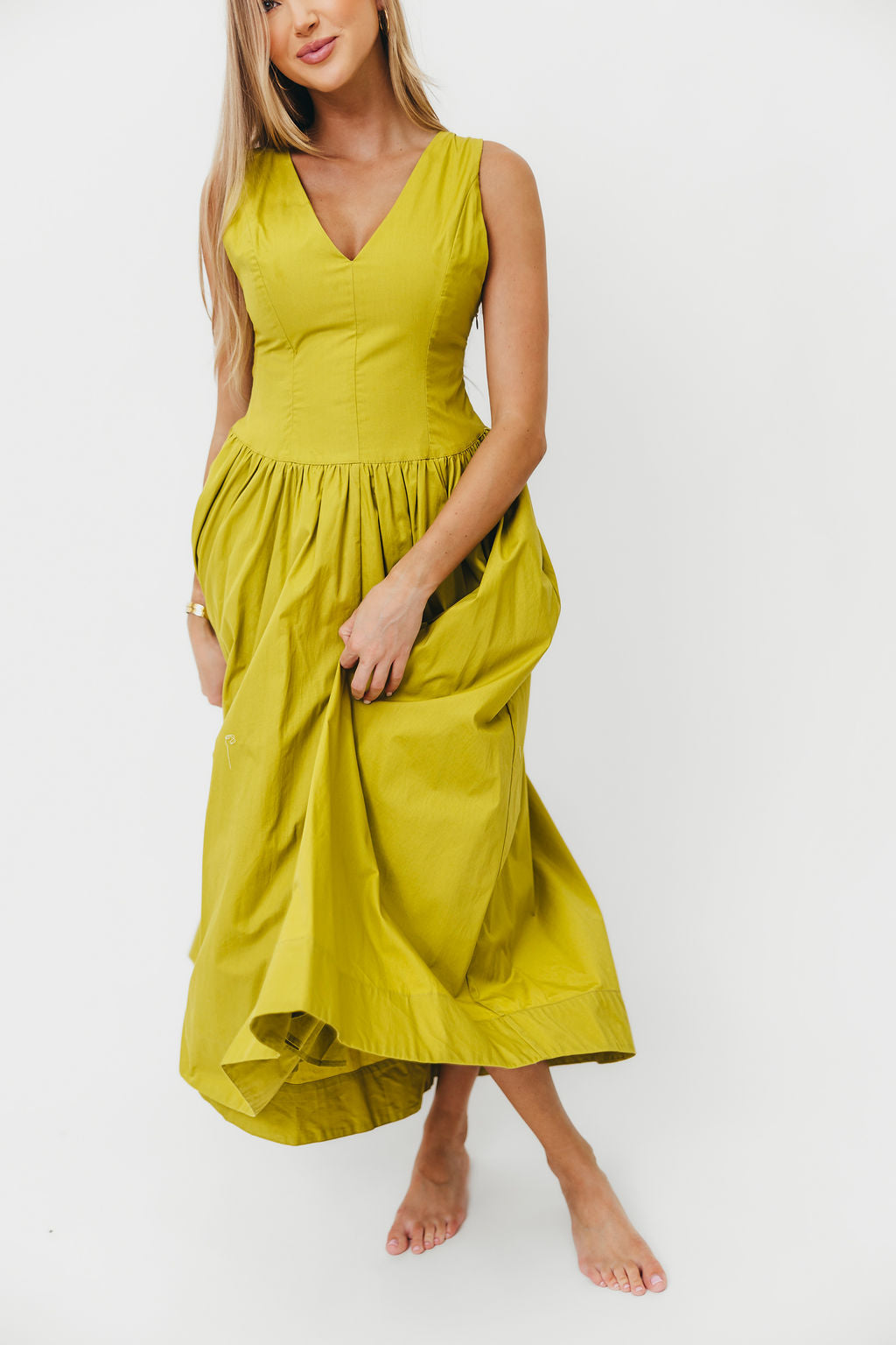 Cece 100% Cotton Bow Detail Woven Maxi Dress in Lemon Grass