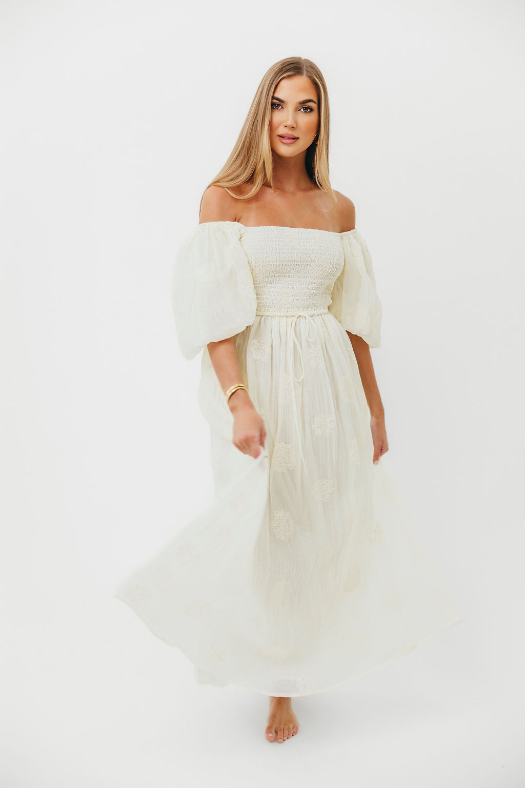Aimee Smocked Embroidered Floral Midi Dress in Ivory