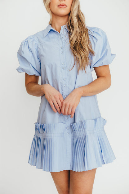 Alicia Pleated Hem Mini Dress in Powder Blue