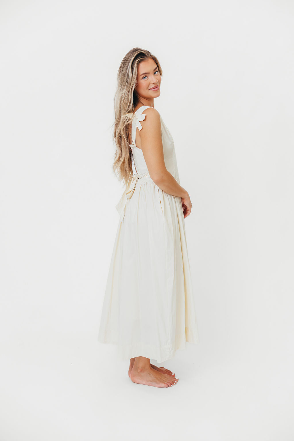 Cece 100% Cotton Bow Detail Woven Maxi Dress in Off-White