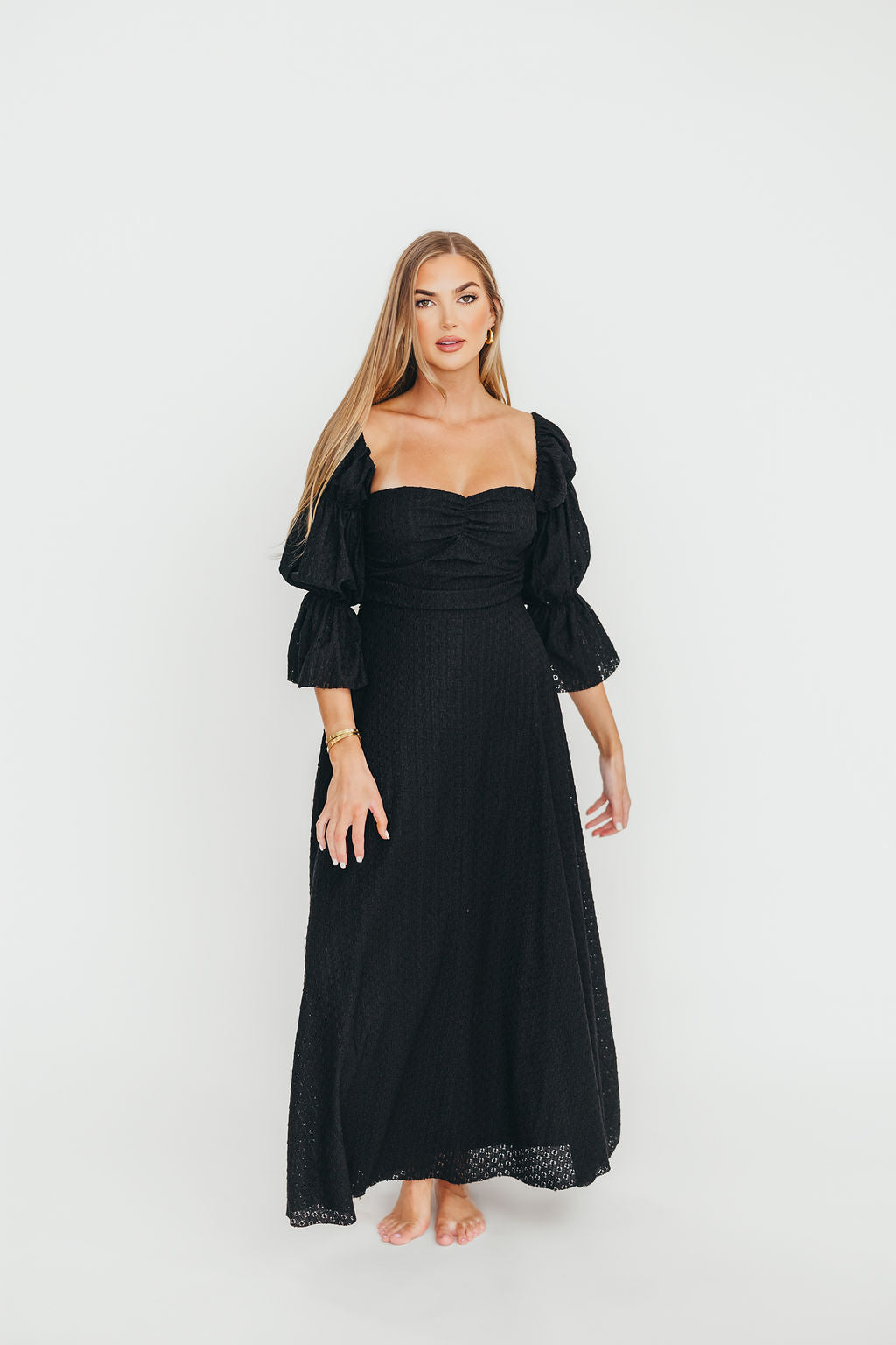 Corrine Tiered Sleeve Maxi Dress with Pockets in Black - Bump Friendly