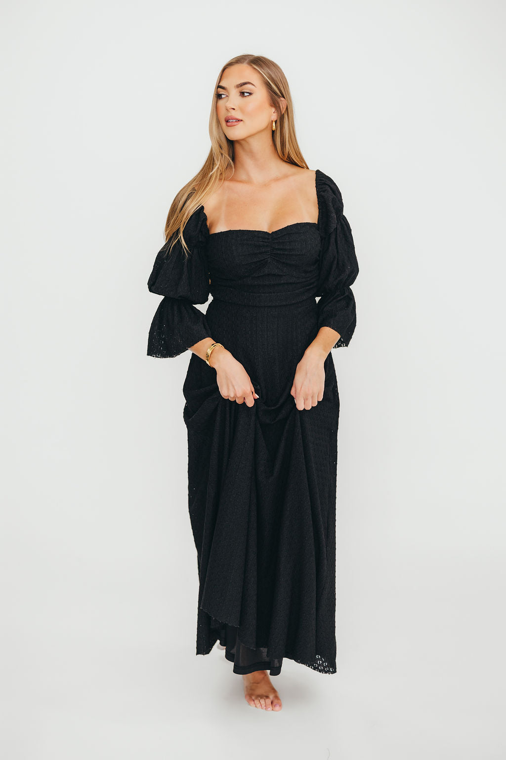 Corrine Tiered Sleeve Maxi Dress with Pockets in Black - Bump Friendly