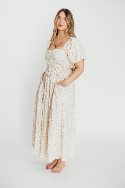 Finley 100% Cotton Peplum Midi Dress in Ivory/Blue - Bump & Nursing Friendly