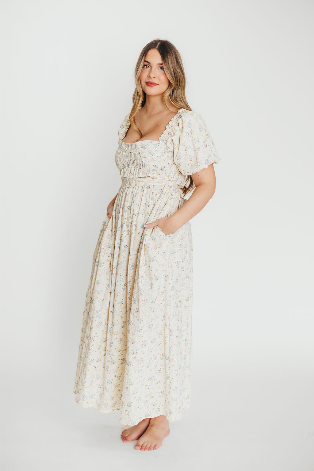 Finley 100% Cotton Peplum Midi Dress in Ivory/Blue - Bump & Nursing Friendly