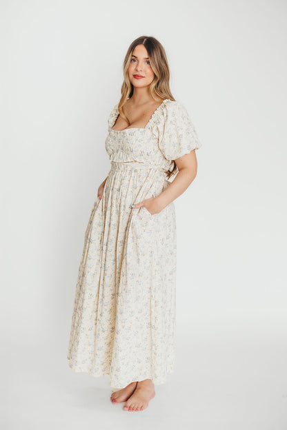 Finley 100% Cotton Peplum Midi Dress in Ivory/Blue - Bump & Nursing Friendly