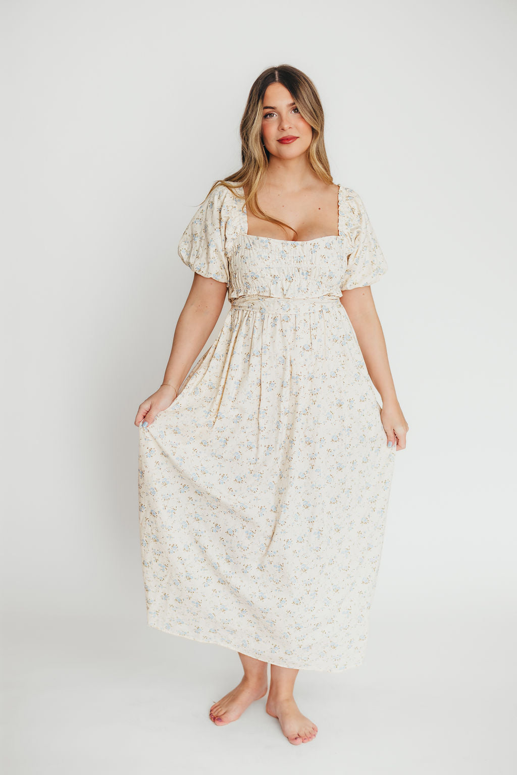 Finley 100% Cotton Peplum Midi Dress in Ivory/Blue - Bump & Nursing Friendly