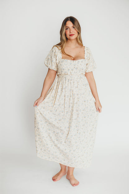 Finley 100% Cotton Peplum Midi Dress in Ivory/Blue - Bump & Nursing Friendly
