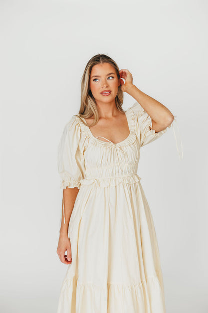 Crissy 100% Cotton Ruched Midi Dress in Cream - Bump Friendly