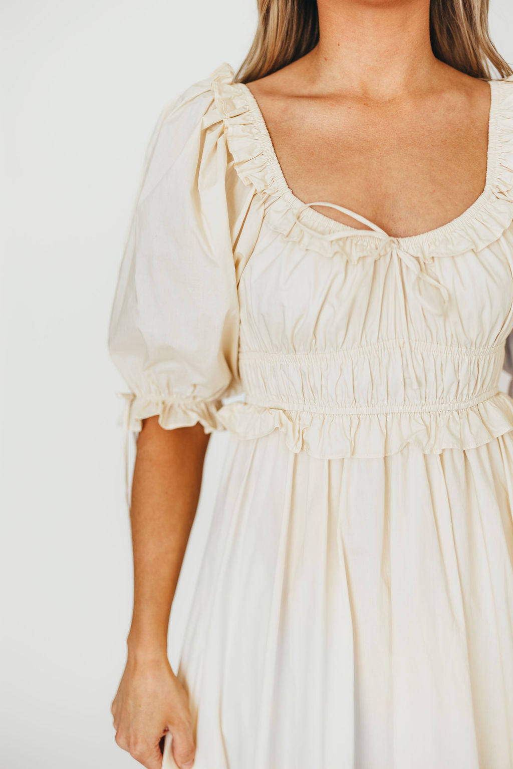 Crissy 100% Cotton Ruched Midi Dress in Cream - Bump Friendly